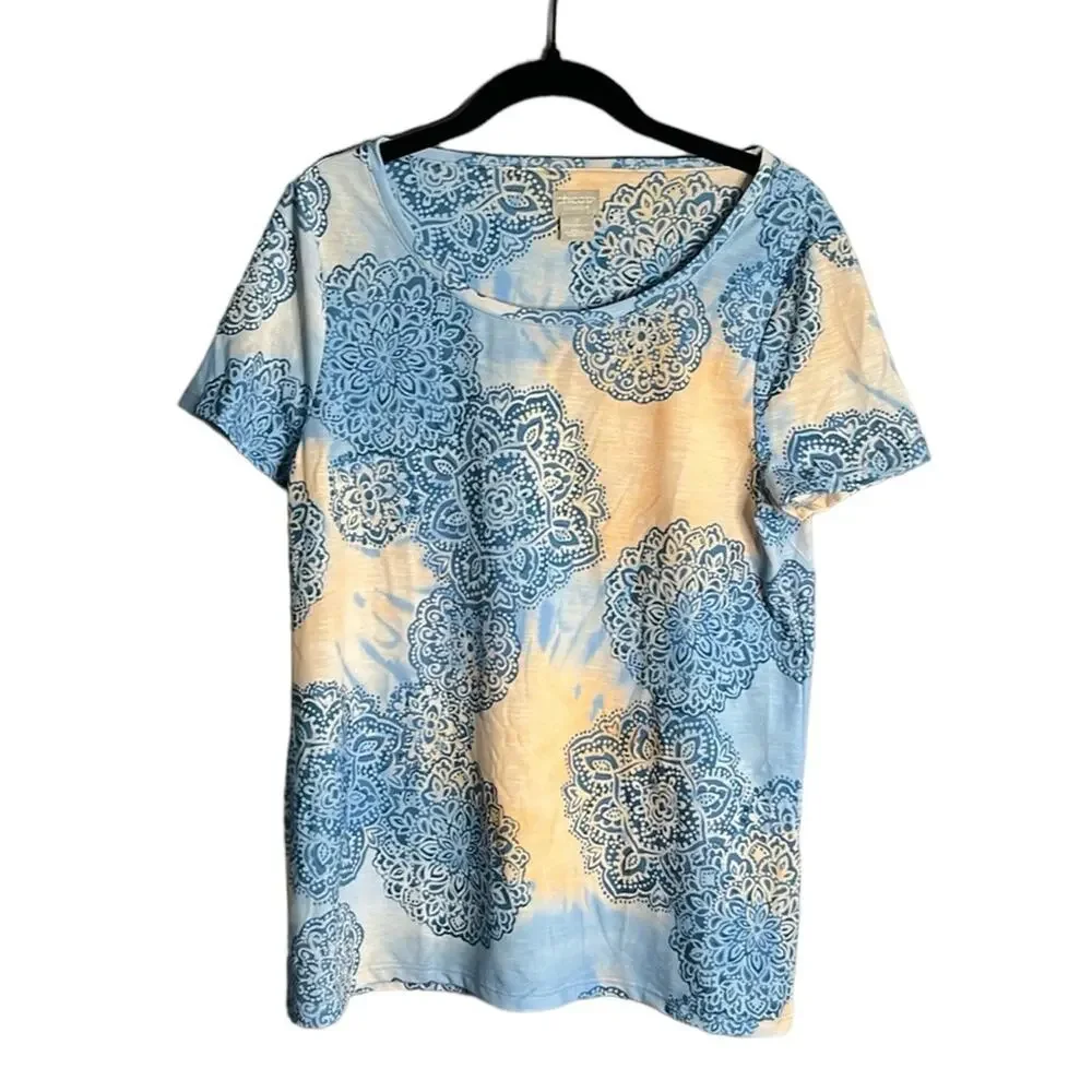 Chico’s Blue Yellow Geometric Print Short Sleeve Top Round Neckline Small